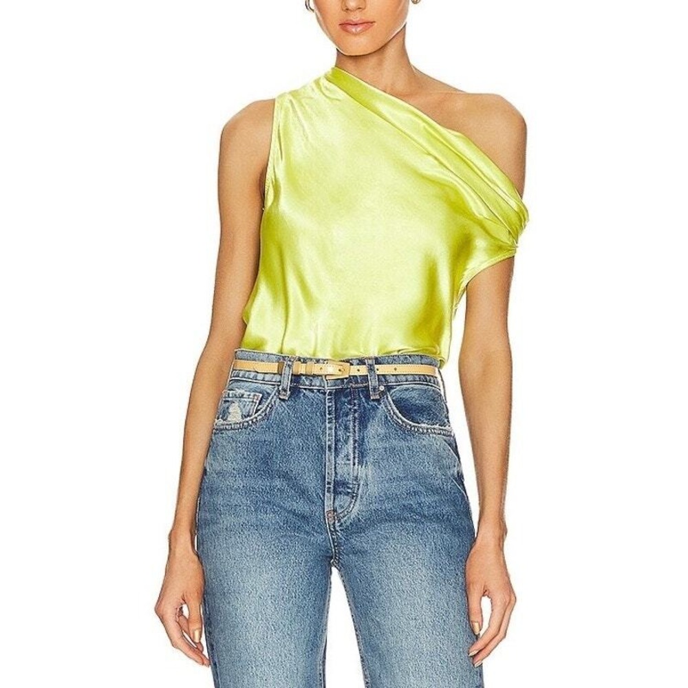 ENZA COSTA Satin Bias Off the Shoulder Top Women Medium Yellow Asymmetric Draped